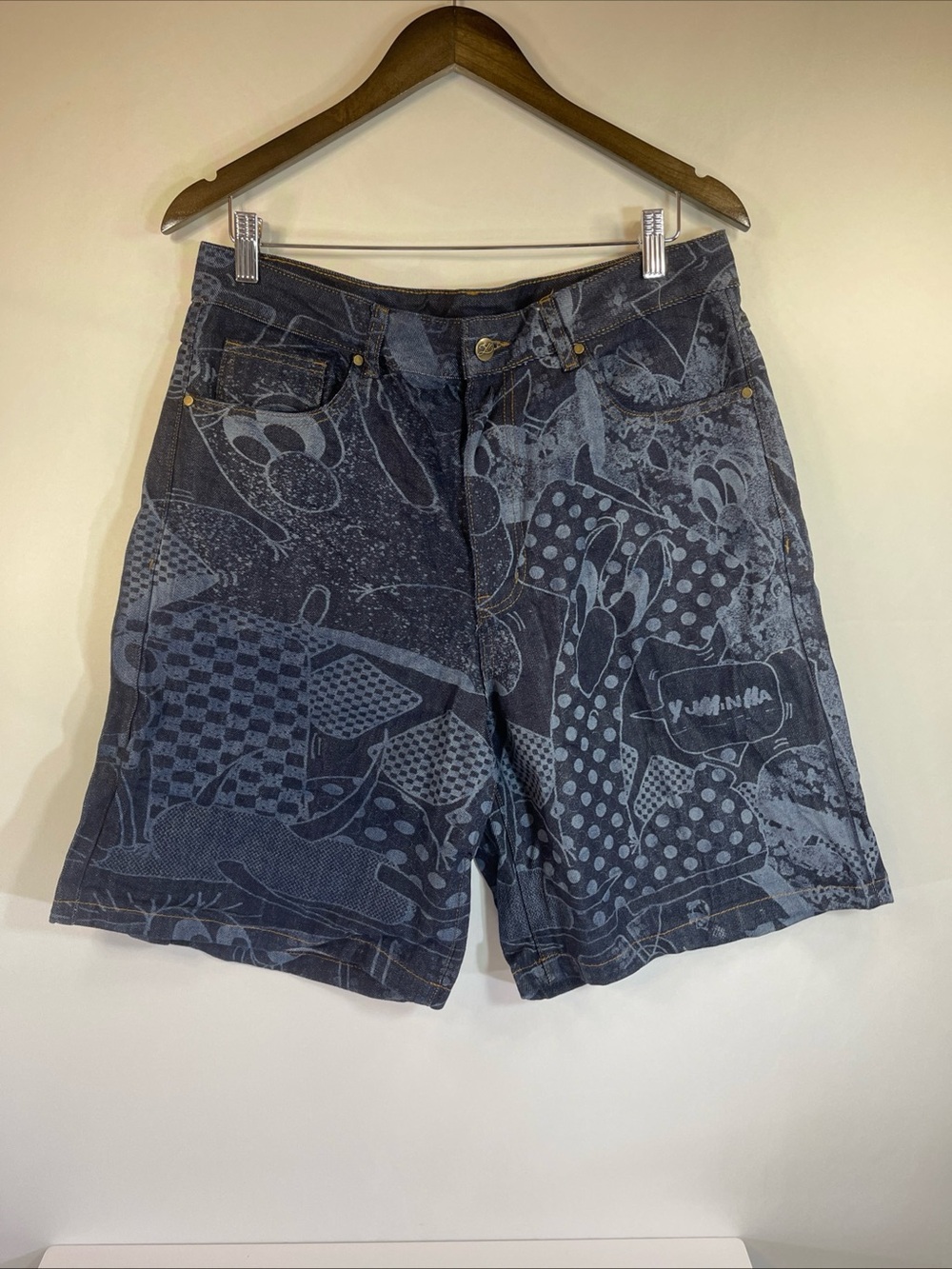 Yumin Ha Aki Men’s Denim Graphic Shorts Indigo  Size 34 MSRP $118 Japanese Art